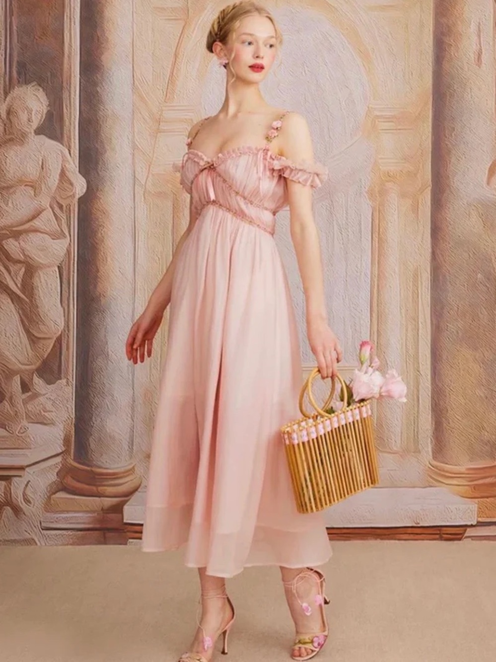 Blush Pink Off-Shoulder Dress with Floral Trim (Aurora Lacemade new with tag) - Picture 4 of 5